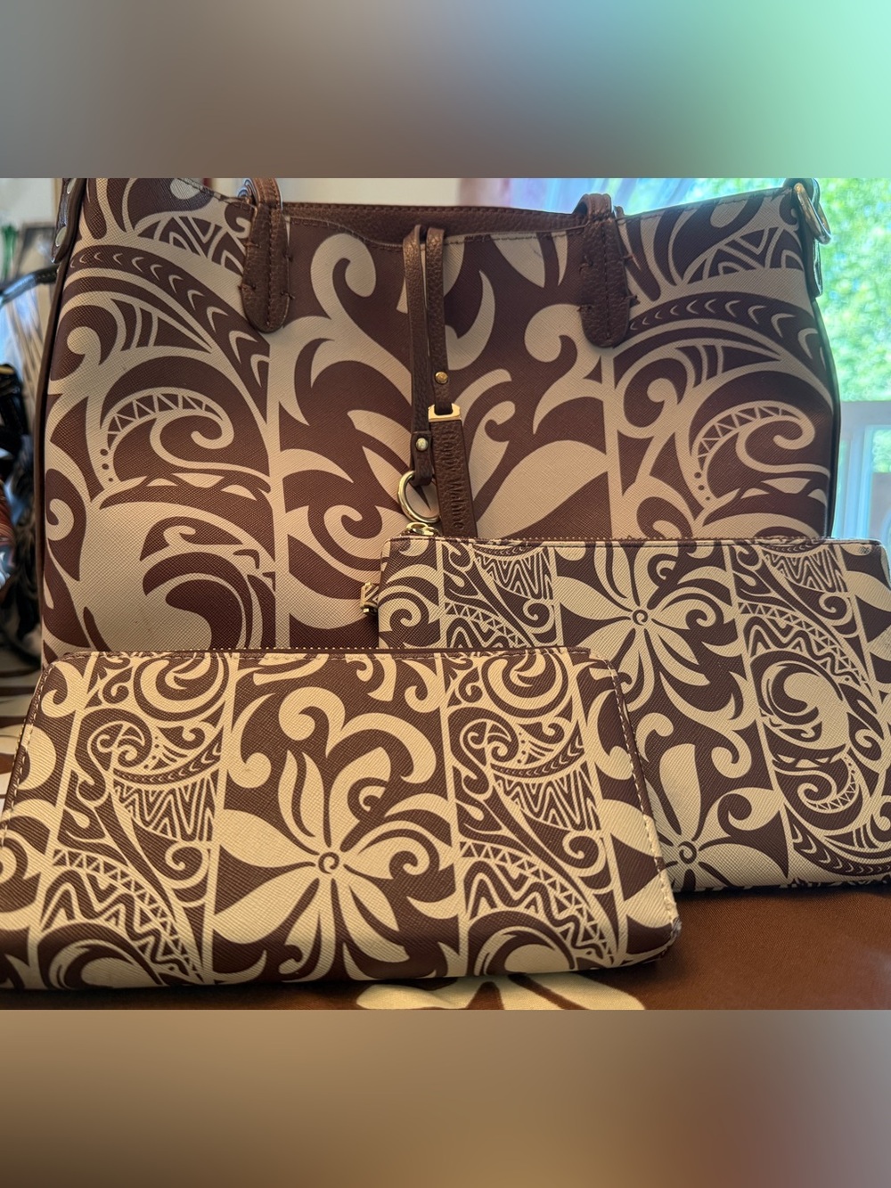 Brown and Cream Patterned Tote Bag with Matching Pouches